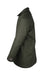 side angle of olive green coat. champion branded embroidered patch of logo with text 'kith' on cuff. 