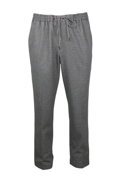 front angle of express gray elastic waist trouser. features adjustable drawstring on outside of waistband, slim fit, and two side hip pockets.