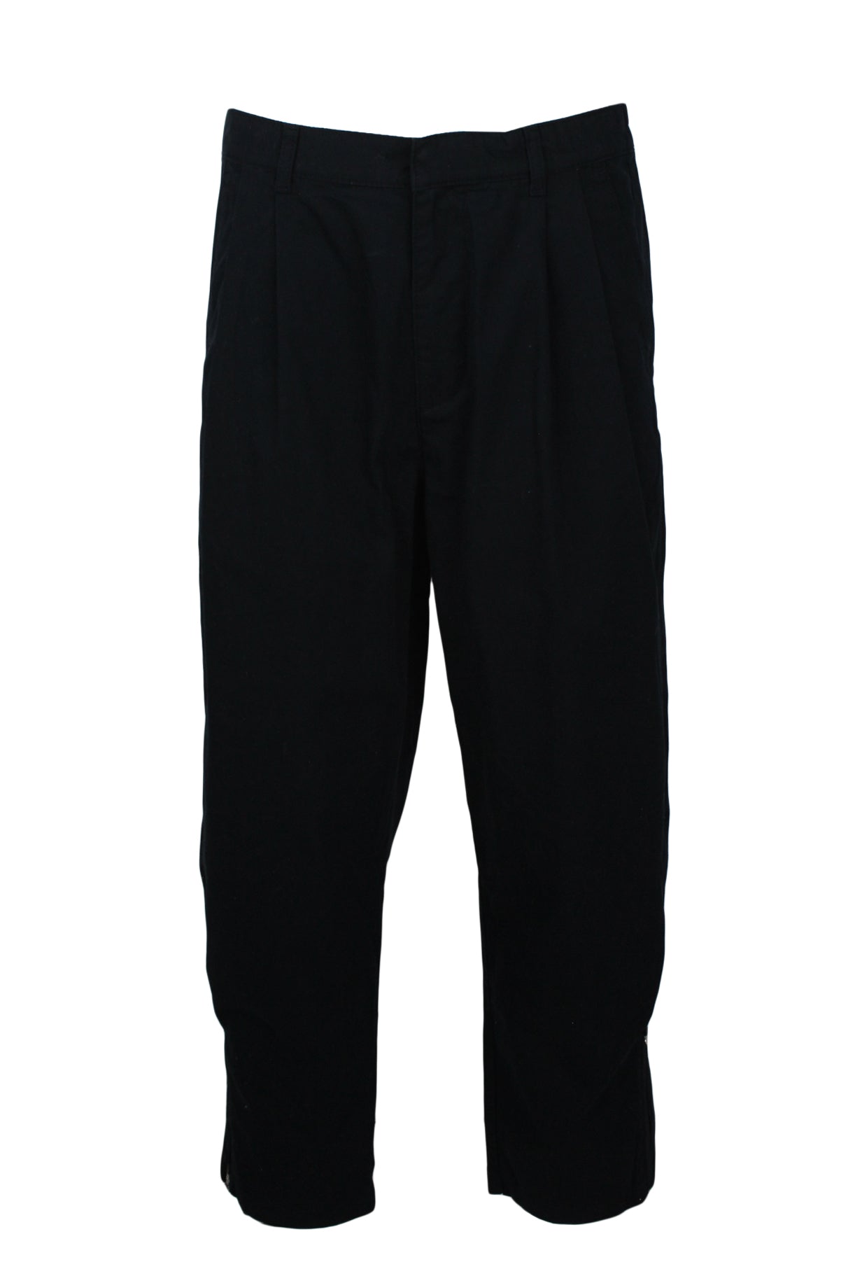 kith black elastic waist pants. features tapered zippered cuffs, elastic waist band, snap/zipper closure, pleated front, and two hip pockets.