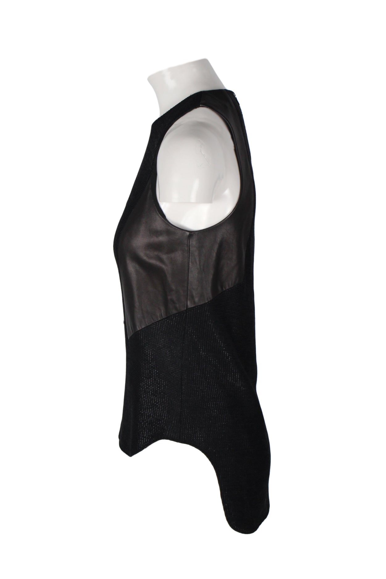 side angle of helmut lang sleeveless blouse. features leather panel under arm to waist, and rounded high/low hem. 