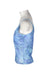 side angle of blue floral lace sleeveless blouse on fem mannequin torso. 