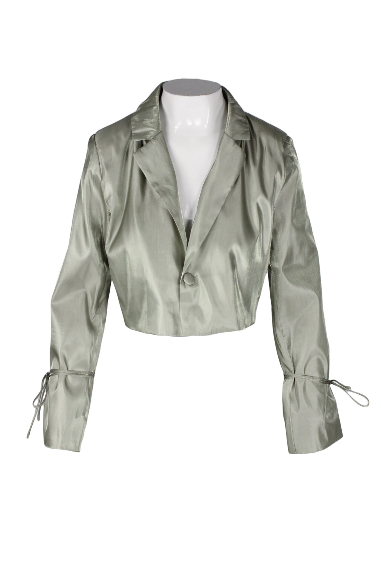 description: nasty gal collection satin shimmer green cropped blazer. features lapel collar, single button closure at front, and tie detailing at sleeves. 
