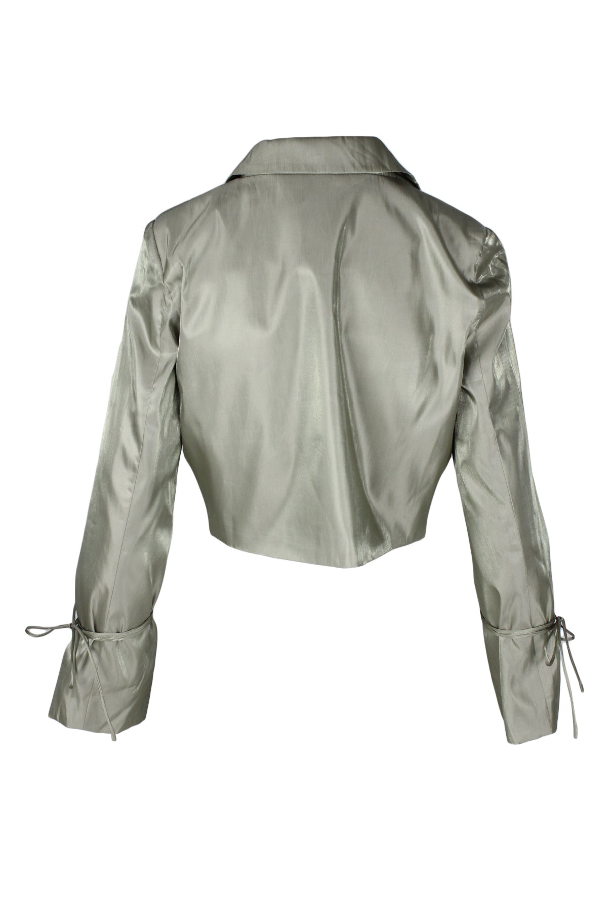 back of green shimmer cropped blazer.   