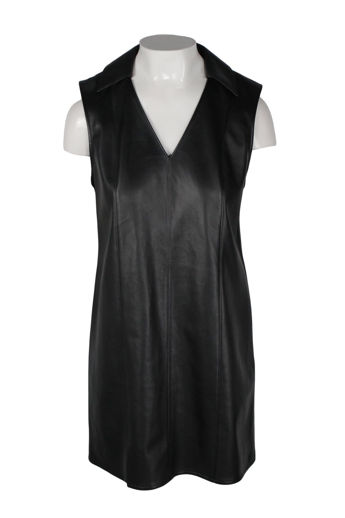 description: t by alexander wang faux-leather black dress. features collar, v neckline, and loose fit. 