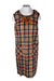 front angle of vintage sears  blue and orange plaid sleeveless dress on fem mannequin. features founded double peter pan collar with attached bow, knee-length hem, two patch pockets at hips, and zipper closure up center back. 