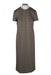 front of tibi brown short sleeve maxi dress. features abstract print throughout, crew neckline, straight fit, and rear slit at hem.