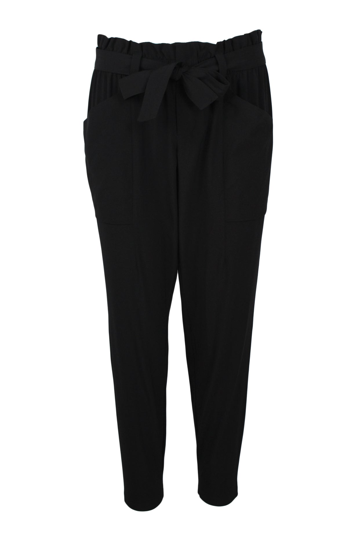 front of athleta black tie pants. features elasticized waist, self tie belt, pockets at side, zip fly and hook closure.; relaxed fit.