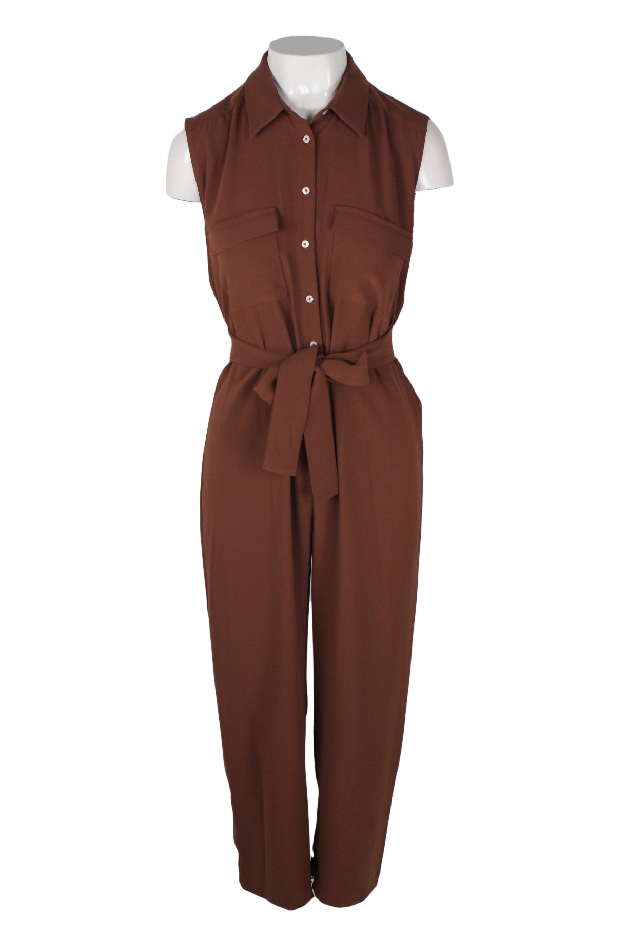 front of amanda uprichard brown sleeveless jumpsuit. features spread collard, flap pockets at bust, self tie belt, straight leg, and button closure. 