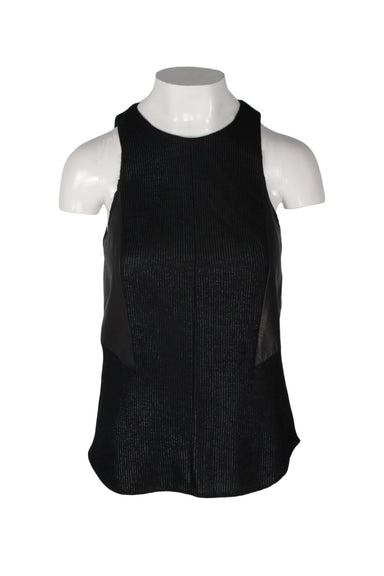 front angle of helmut lang sleeveless blouse on fem mannequin bust. features high rounded collar, tightly woven shiny body, angled leather panels front under arm to waist, and rounded hem. 