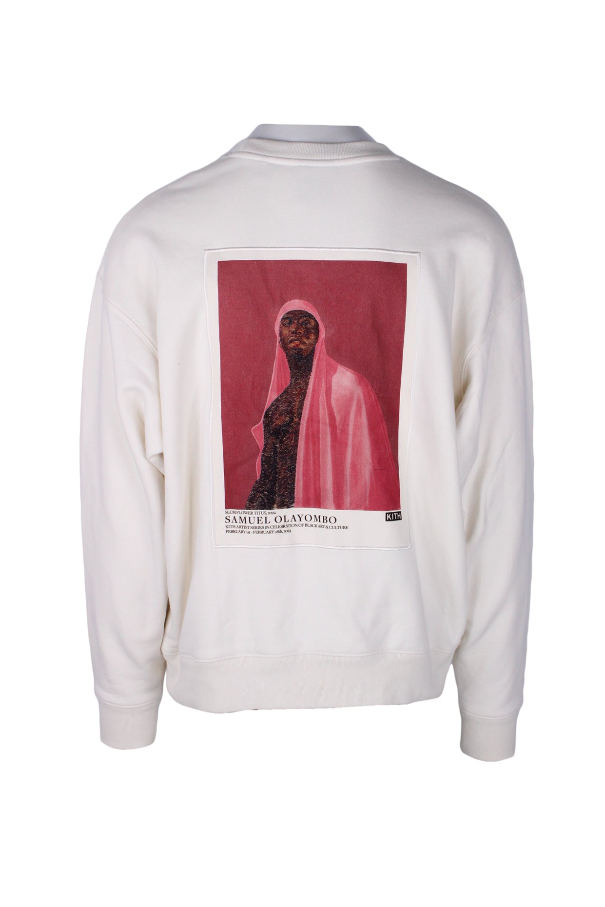 rear view with ‘slum flower titus, 2022. samuel olayombo. kith artist series in celebration of black art & culture. february 1st - february 28th, 2023. kith’ painting graphic patch at back of sweatshirt.