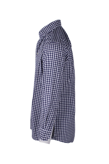 side angle of long sleeve button up shirt. features buttoned cuffs. 