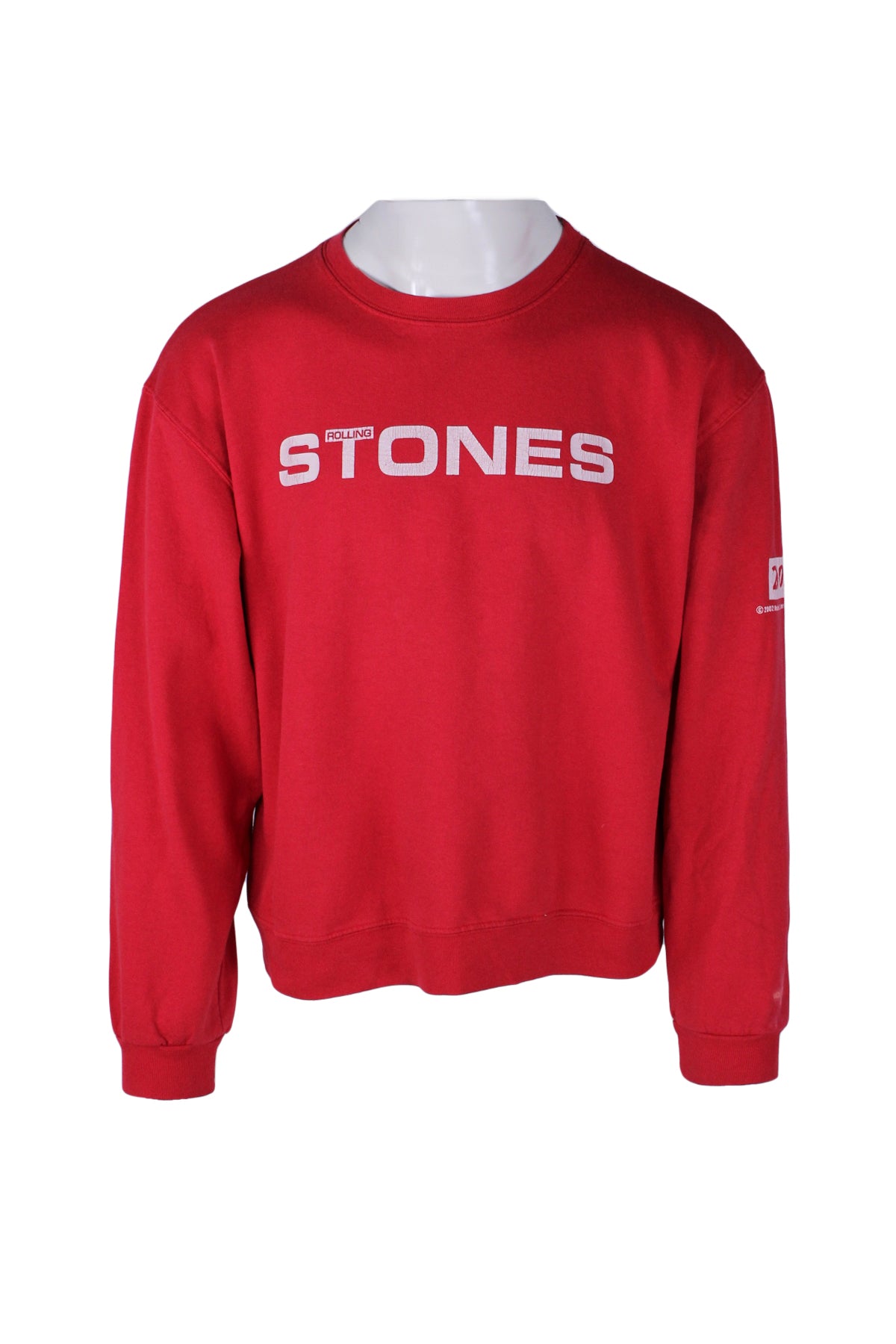 front angle of vintage rolling stones red crew neck sweatshirt. branding across chest with all caps text 'stones' and the word 'rolling' small within the 't', ribbed rounded collar/cuff/hem, and pull-over fit. 