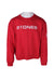 front angle of vintage rolling stones red crew neck sweatshirt. branding across chest with all caps text 'stones' and the word 'rolling' small within the 't', ribbed rounded collar/cuff/hem, and pull-over fit. 