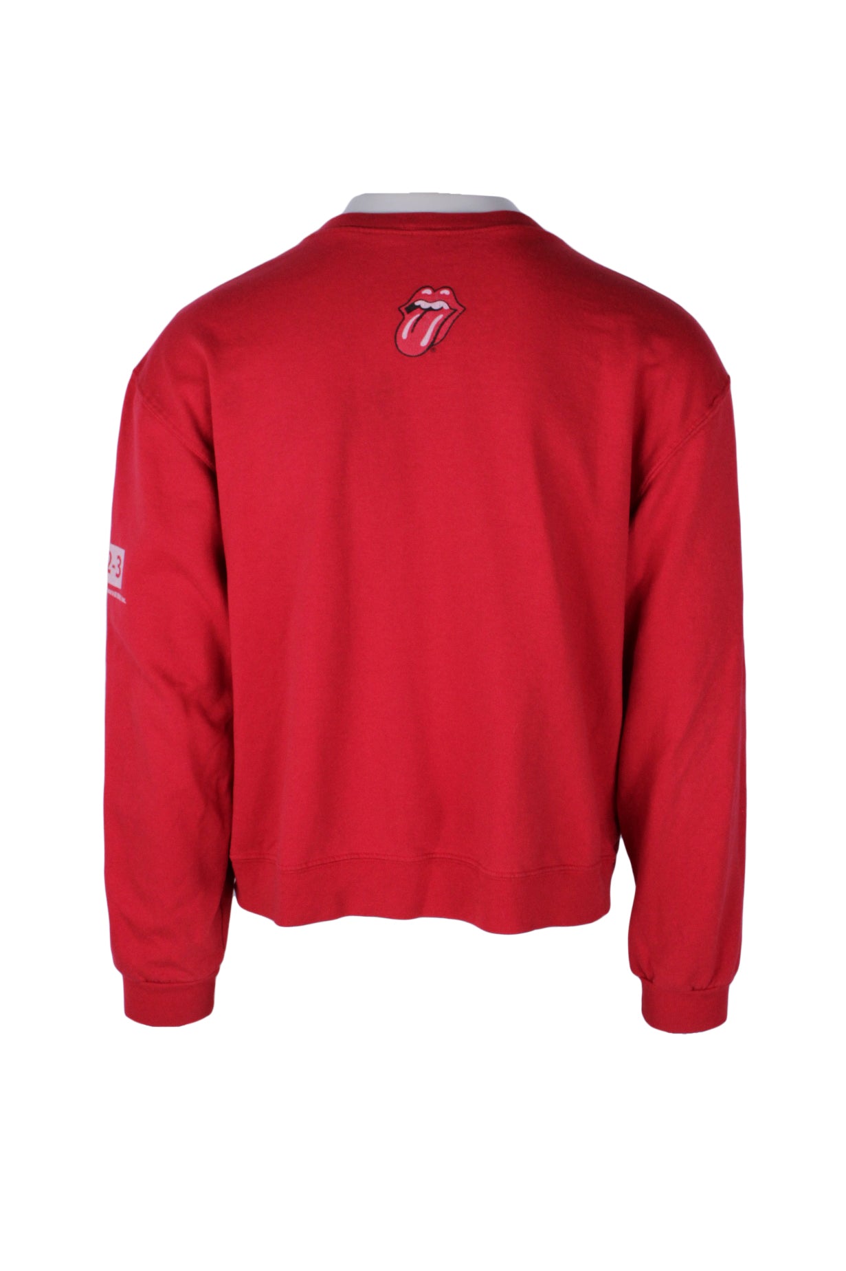 back angle of rolling stones sweatshirt. features three inch screen print of classic rolling stones tongue mouth. 