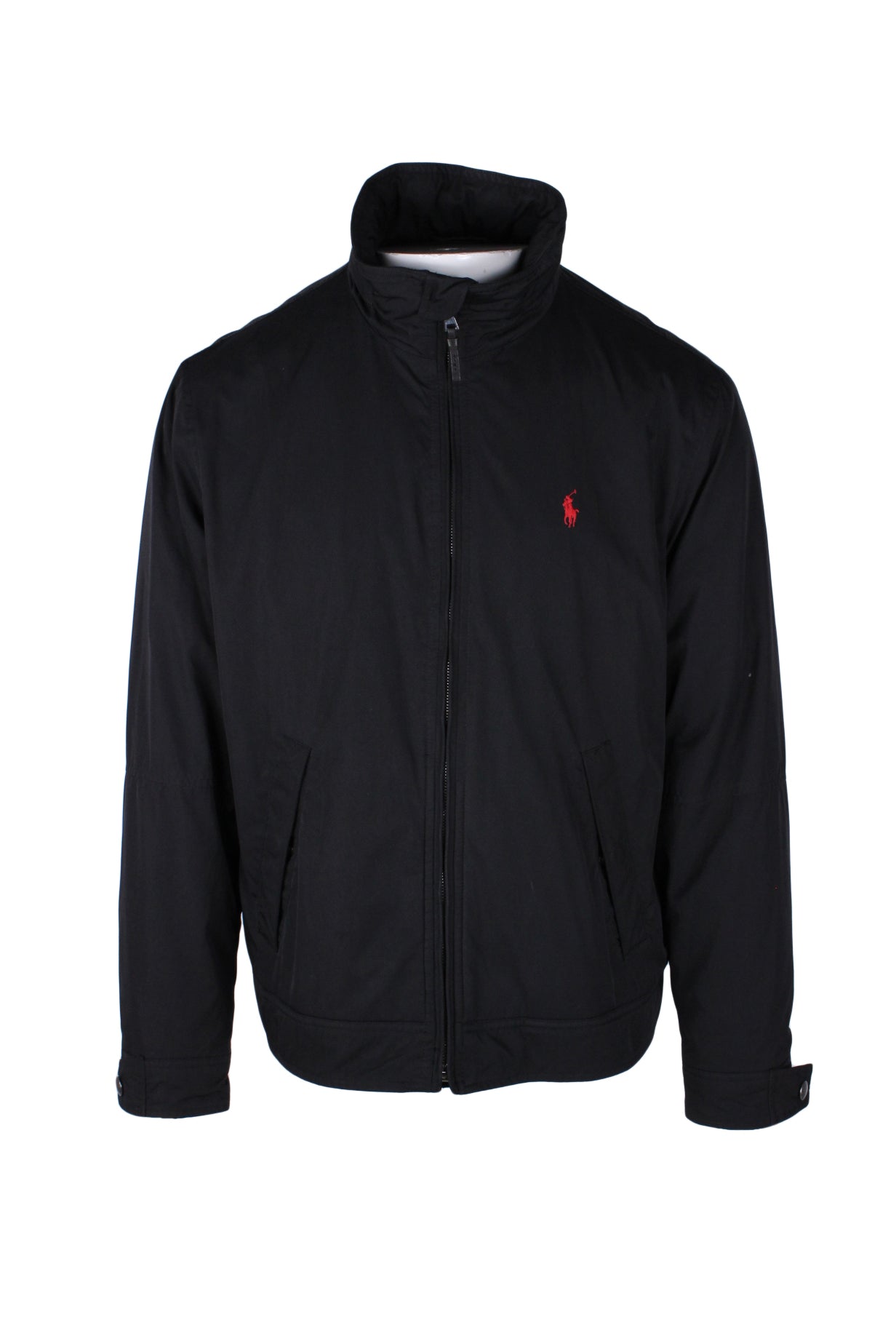 front view of polo by ralph lauren black zip up jacket. features logo embroidered at left breast, side snap hand pockets, inner snap pockets, snaps at cuffs, partially fleece lined, with optional zip out hood within collar.