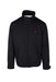 front view of polo by ralph lauren black zip up jacket. features logo embroidered at left breast, side snap hand pockets, inner snap pockets, snaps at cuffs, partially fleece lined, with optional zip out hood within collar.