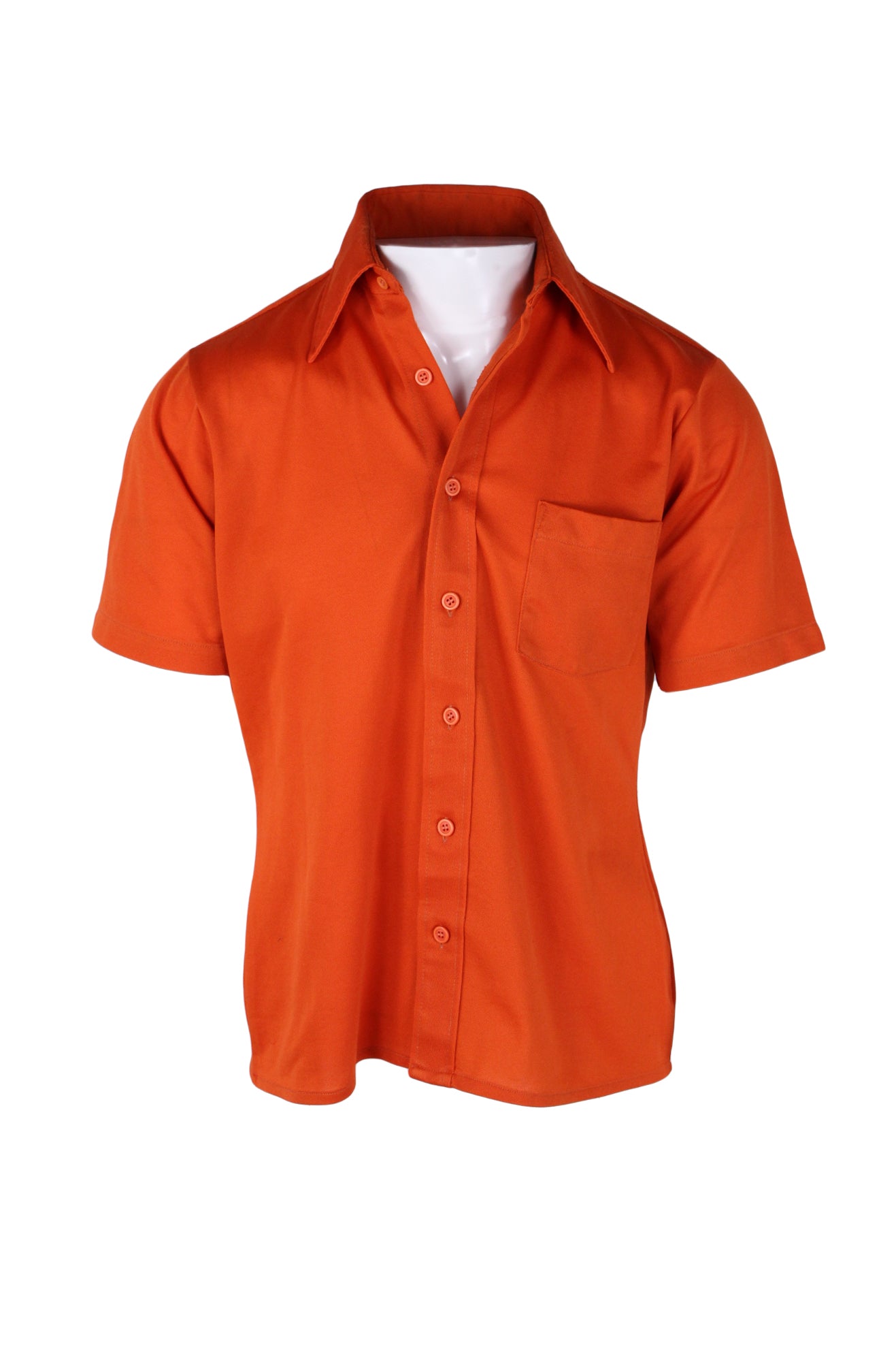 front angle of  vintage arrow bright burnt orange short sleeve button down shirt. features long pointed collar, single patch pocket over heart, straight hem, and button closure down center. 