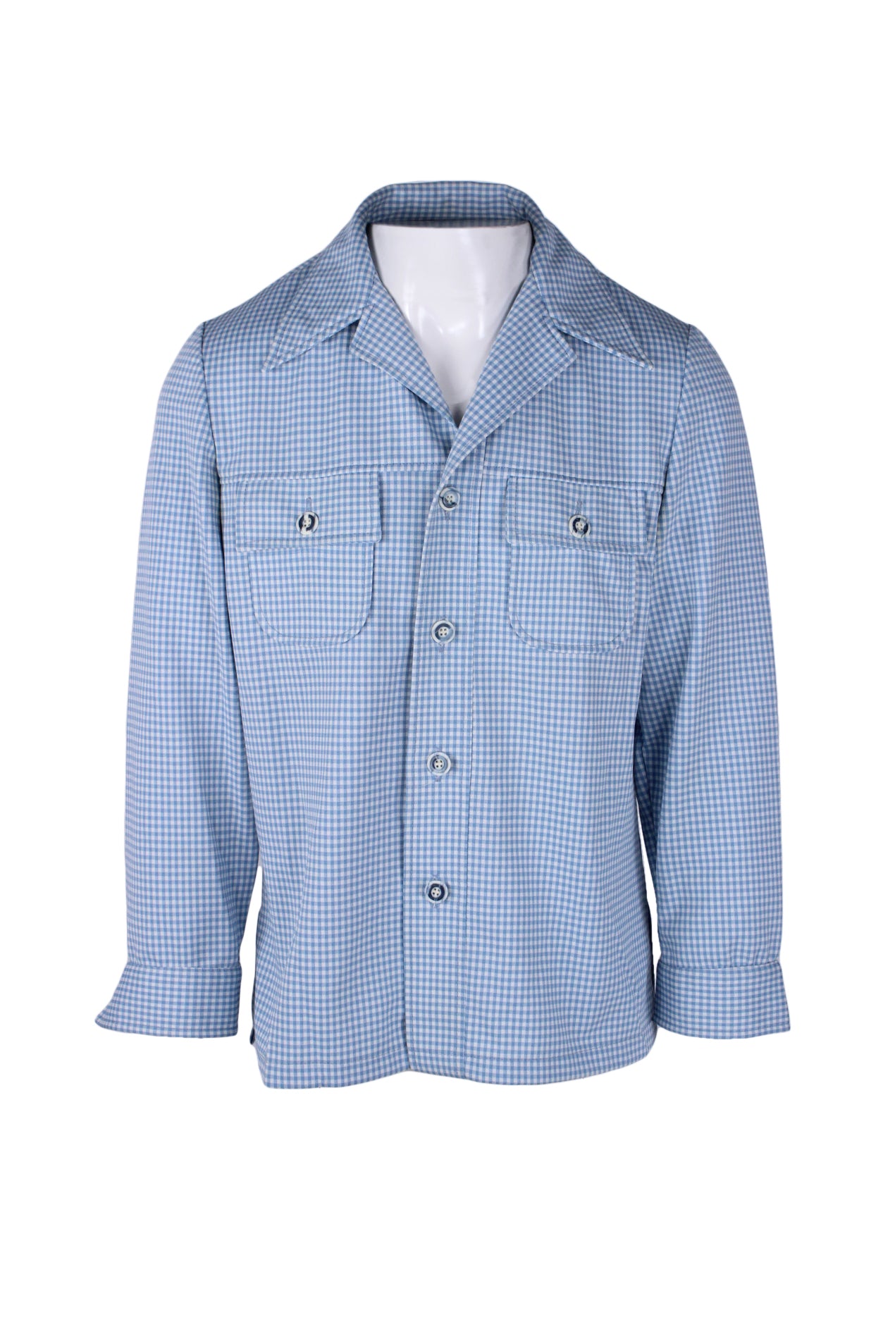 description: vintage haggar check plaid blue tones long sleeve shirt jacket. features collar, button down closure at center front, two flap patch pockets at front, loose fit, and cuffed long sleeves. 