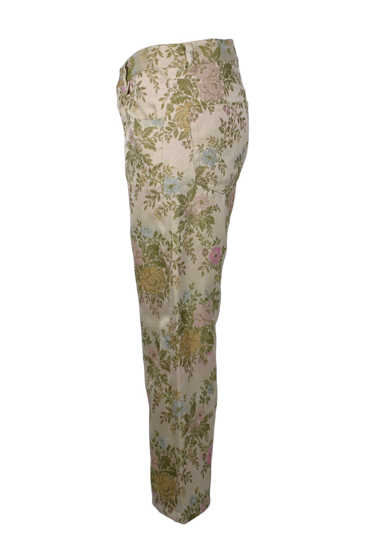side of vintage katharine hamnett beige pastel colors floral print pants.