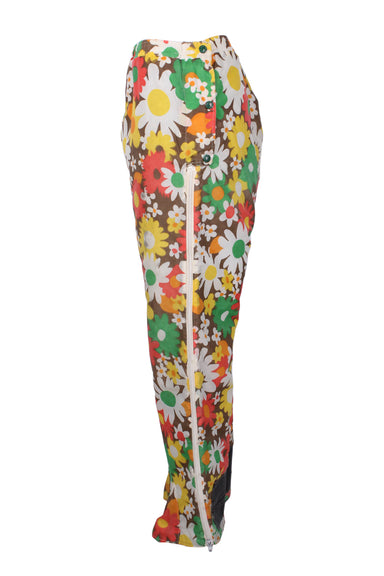 sides of floral print pants.  showing side zippers.  