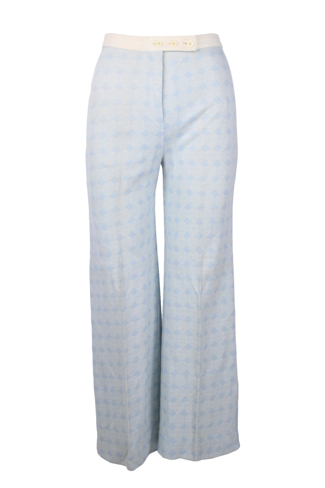 description: vintage b.bs's own stuff blue geometric print pants. features high waisted, straight leg style, button closure at waist, zip fly, and beige waistband. 