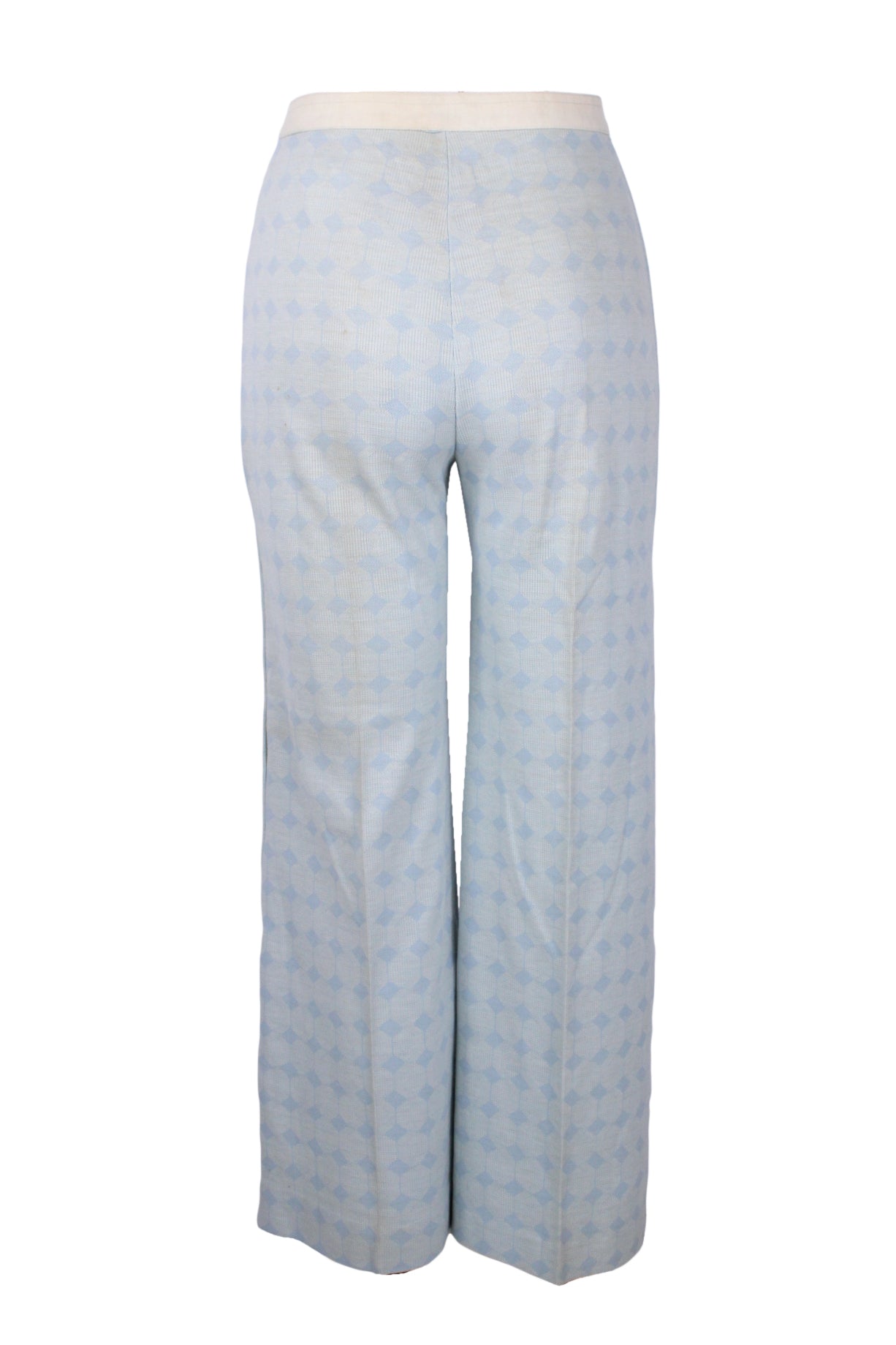 back of blue geometric print pants.