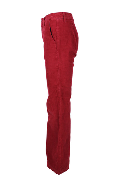 profile of burgundy corduroy pants with hip-side pocket