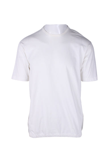 front angle of plain jil sander white short sleeve t-shirt on masc mannequin torso. features thin ribbed rounded collar and elasticized ruched hem. 