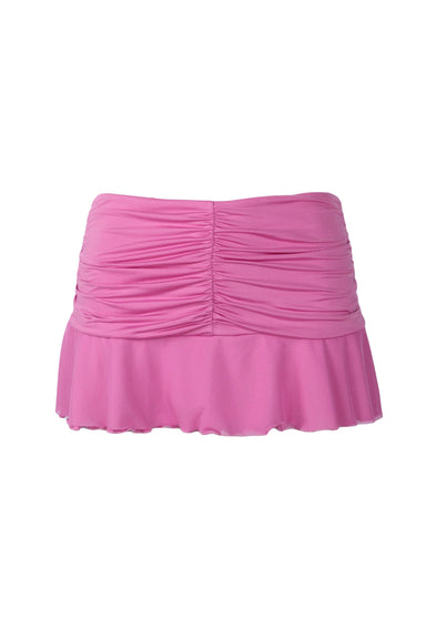 description: i.am.gia pink mini skirt. features ruched detailing throughout, and hem has mesh overlay at bottom. 