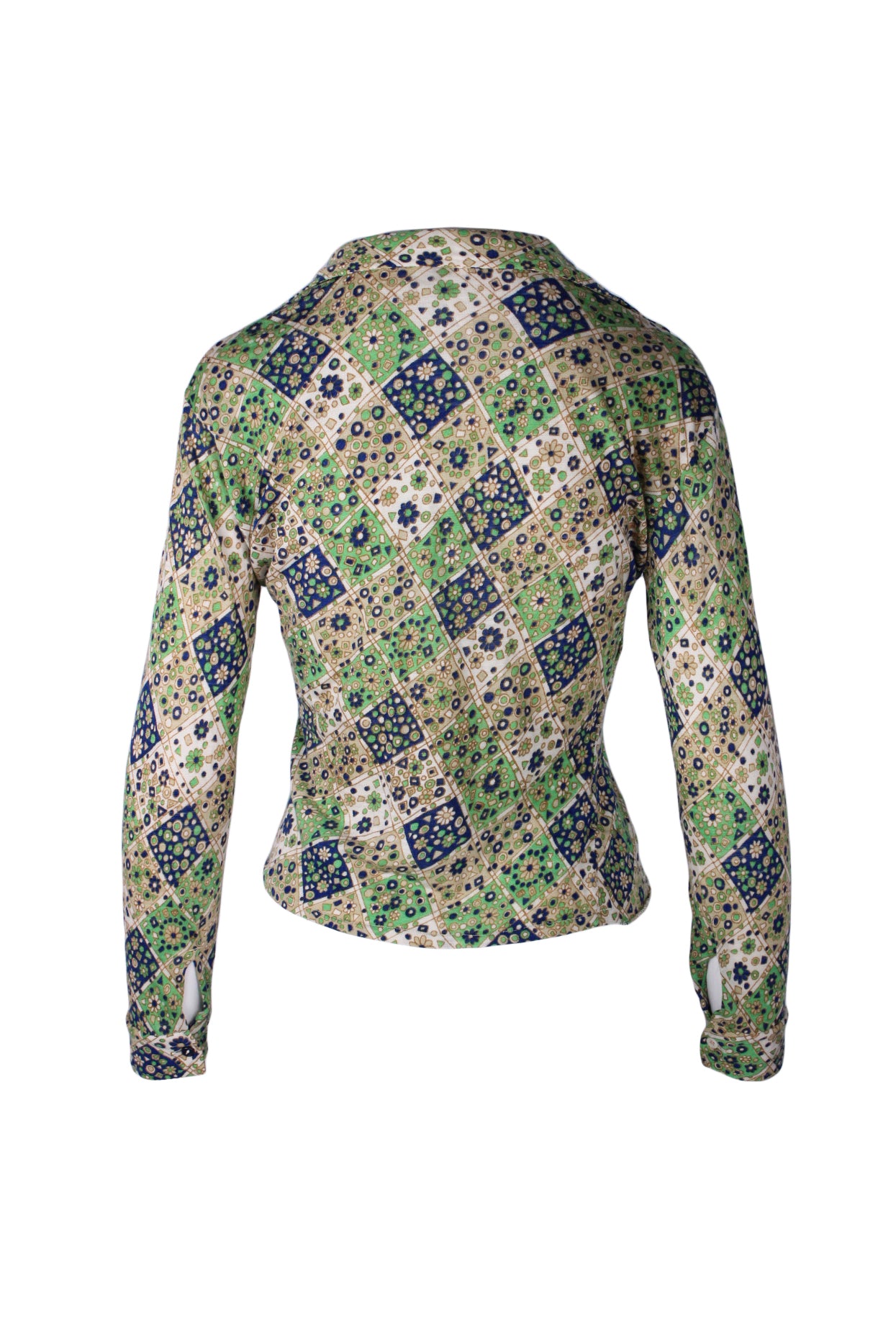back angle of long sleeve diamond patterned vintage top. features buttoned cuffs. 