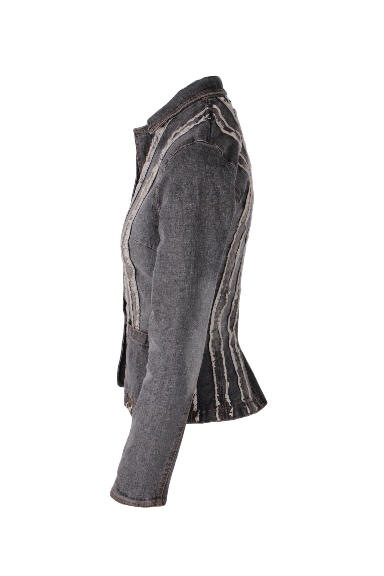 profile of jacket with frayed details. 