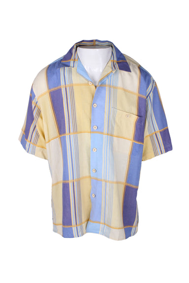 front view of vintage trutus biancara by mo mobaik yellow/blue/multi short sleeve button up shirt. features plaid pattern throughout with left breast button pocket.
