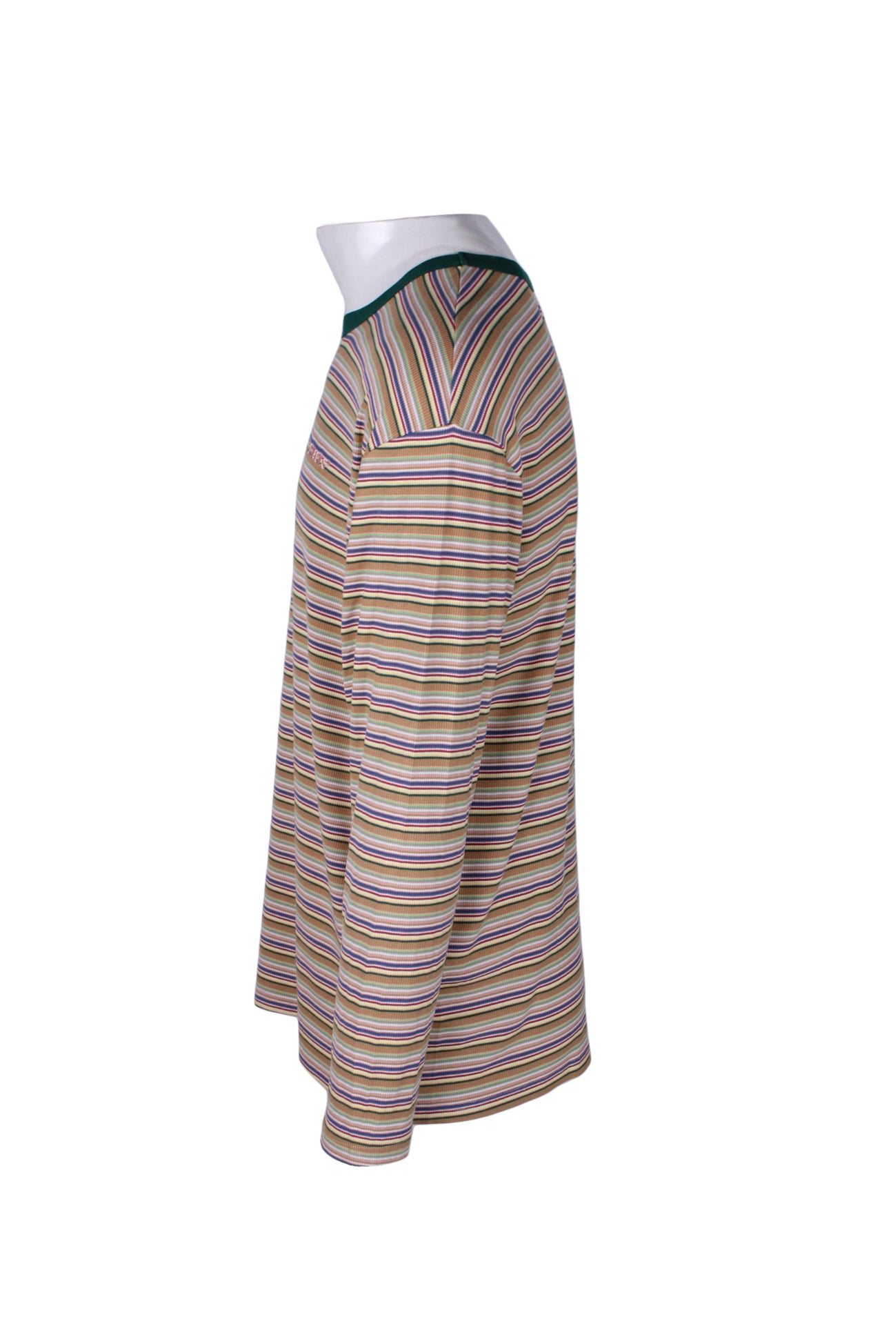 side angle of striped long sleeve shirt. 