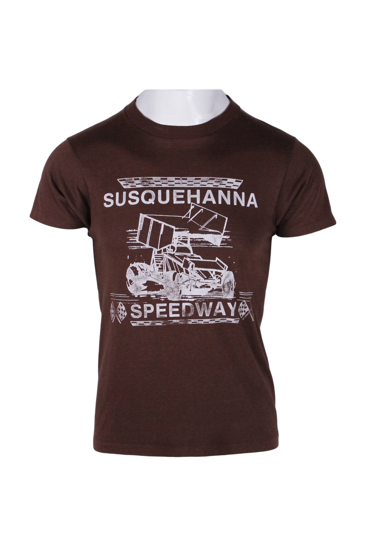 front angle of vintage hanes fifty fifty brown graphic racing t-shirt on masc mannequin torso. features white screen print of race car with text 'susquehanna speedway', single stitch hem/cuffs, and rounded ribbed collar. 