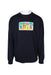 front angle of  krooked navy pullover sweatshirt. features ‘krooked gonzales’ graphic printed at front with ribbed collar/cuffs/hem.