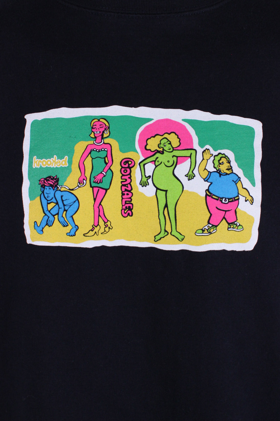 detail of graphic of four people with text 'krooked gonzales'.