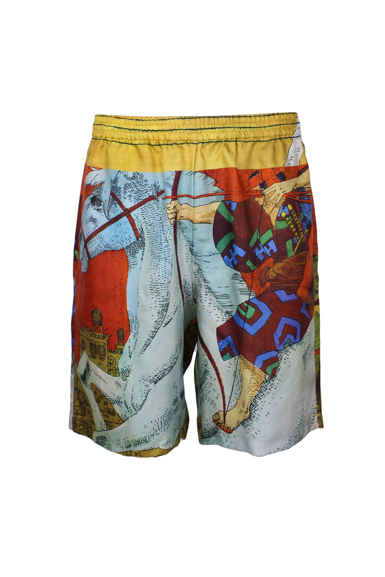 front view of supreme yellow/orange/green/blue/multi ‘ronin’ silk shorts. features ‘‘ready tasers. steady now… steady… how can he-- nnngg-- no--no-- jesus! how can he-- steady… look out! that-- oh my gggg. steady… lou! he-- not yet… not yet…’ comic graphic pattern throughout, side hand pockets, rear patch pocket, and inner drawstring at elastic waist.