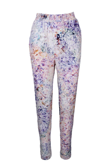 front of hunter bell multicolor silk jogger pants. features abstract print throughout, elasticized waist, side seam pockets, and pull on style. 