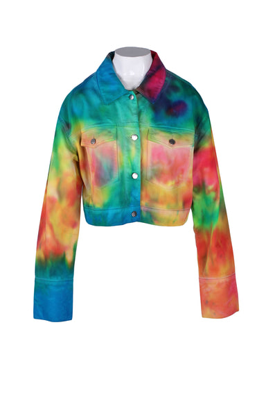 description: ireneisgood rainbow tie dye denim jacket. features collar, button down closure at center front, double patch button closure pockets at front, and cropped silhouette. 