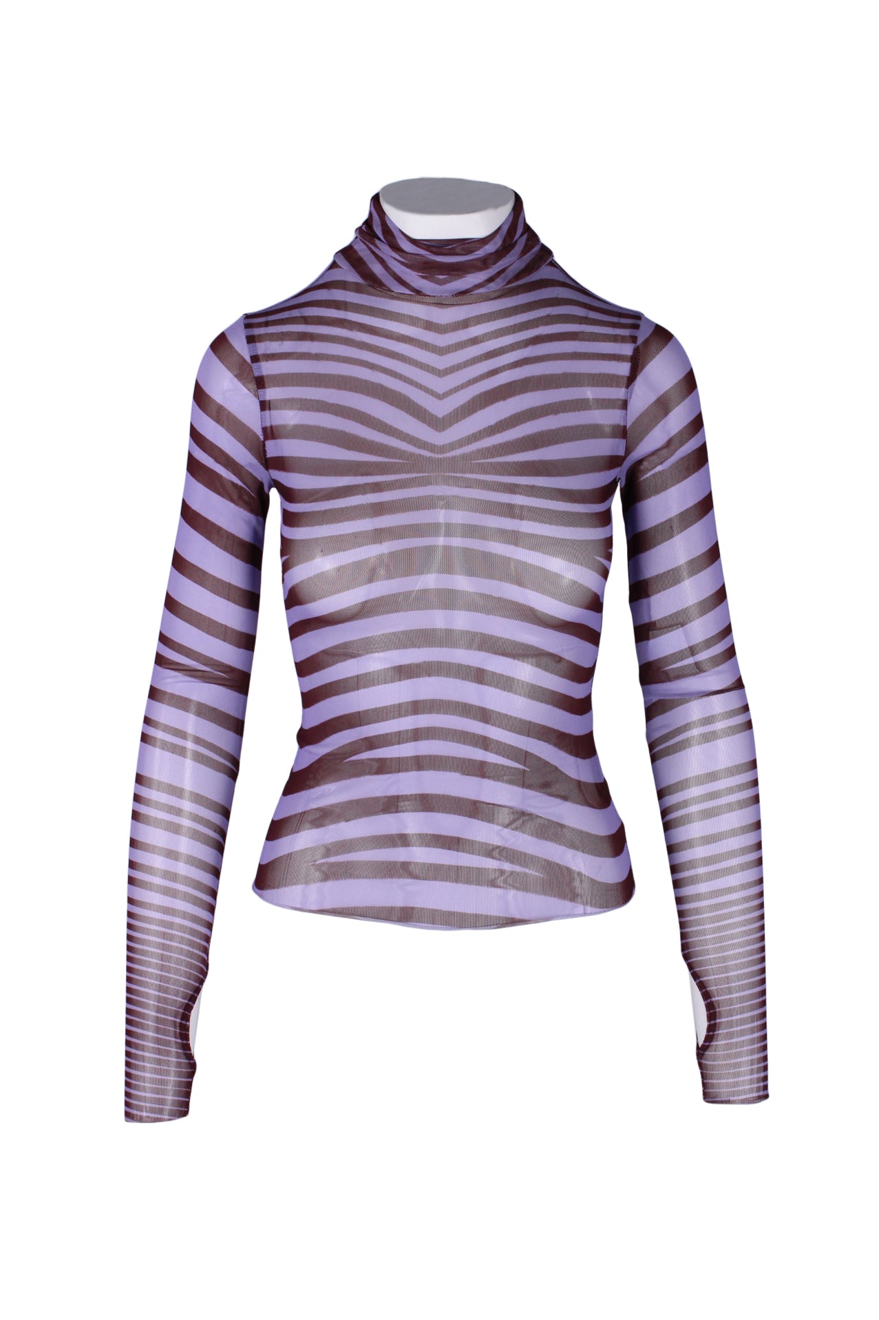 description: afrm purple and maroon swirl print long sleeve mesh top. features turtle neck, fitted style, mesh fabric throughout and thumbholes. 