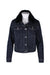 front of claudie pierlot blue denim cotton jacket. features faux fur at neck, spread lapels, contrast stitching, flap pockets at bust, side seam pockets, and button closure. 