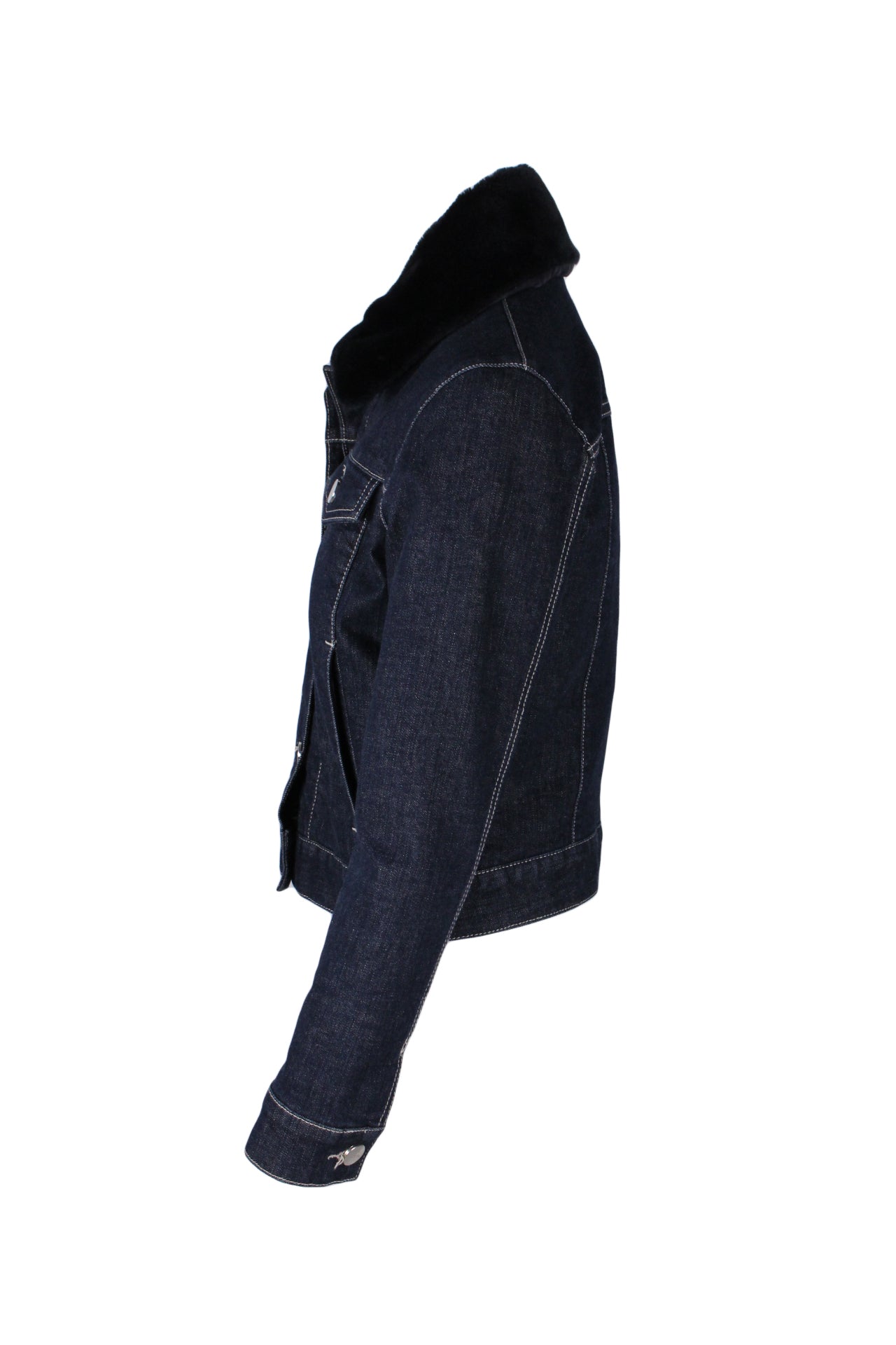 profile of jacket with contrast stitching. 