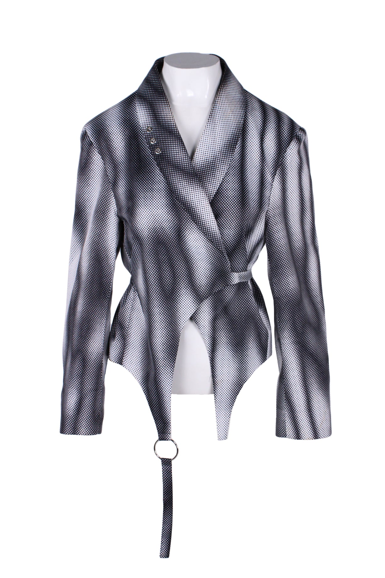description: tilt knees abstract black and white blazer. features collar, wrap closure, and conceptual silhouette. 