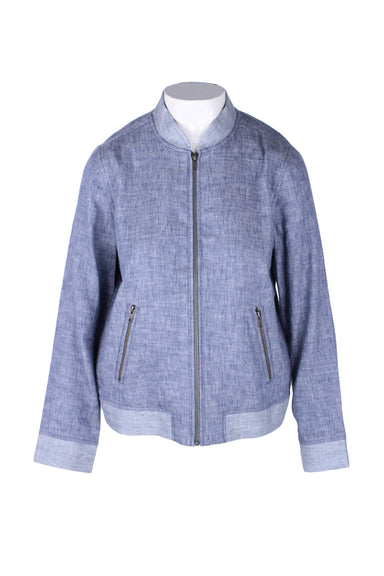 front angle of madewell blue light bomber jacket on a fem mannequin torso. features lighter blue ribbed collar/cuffs/hem, zippered closure up center, two zippered hand warmer pockets, and long sleeves. 