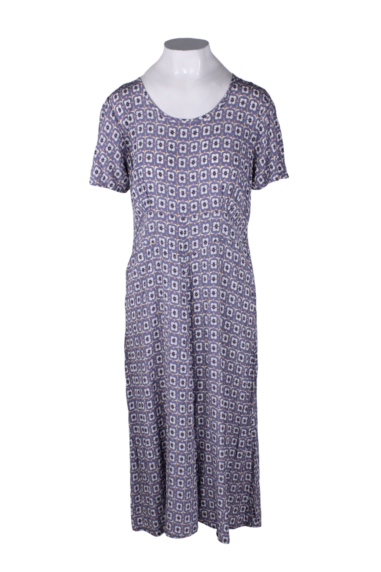 flax light purple maxi dress. features rounded neckline, pink sparkle with repeating lilac and white print throughout, crinkled silk texture lasticized waist, and pull on style. 