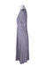 side view of flax light purple maxi dress. features rounded neckline, pink sparkle with repeating lilac and white print throughout, crinkled silk texture lasticized waist, and pull on style. 
