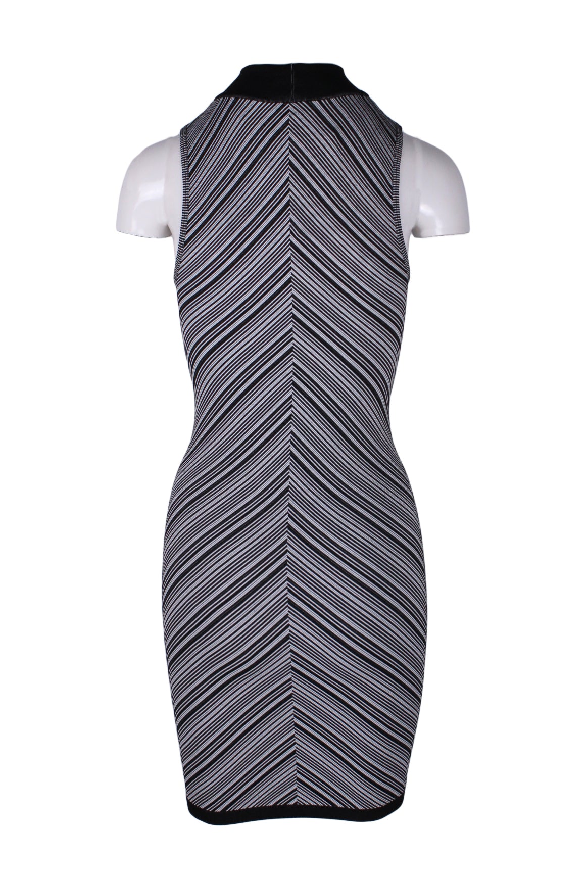 rear of black and white stripe printed dress with a knee-length silhouette. 