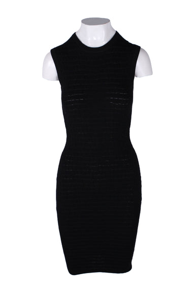 front of alex kramer black merino wool sleeveless dress. features crew neckline, reptile texture throughout, ribbed trim, and pull on style; bodycon fit. 