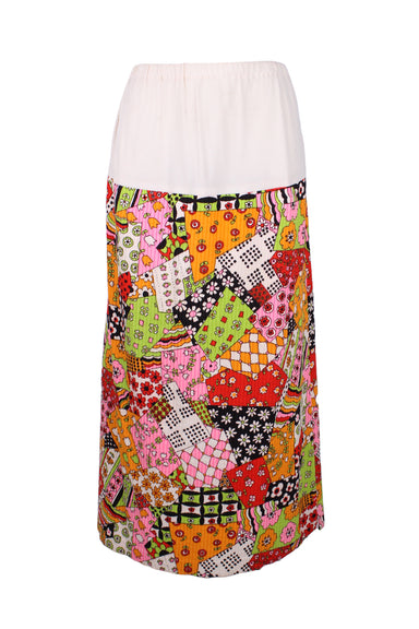front of  lord & taylor multicolor maxi skirt. features rose panel at front, floral print throughout, elasticized waist, straight design, and pull on style. 