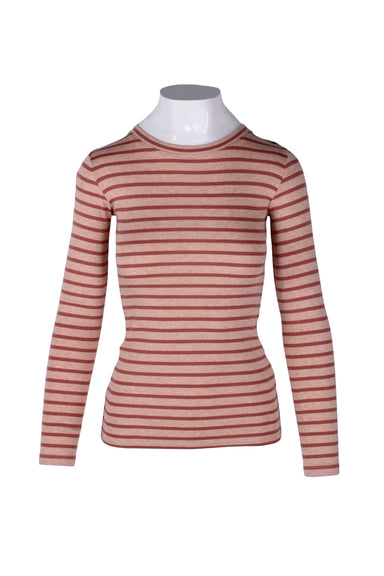 vince long sleeve heather pink feeder stripe fitted shirt. 